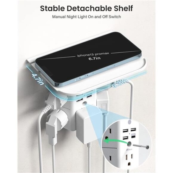 Wall Outlet Extender with Shelf and Night Light,Surge Protector,USB Wall Charger - Picture 4 of 6